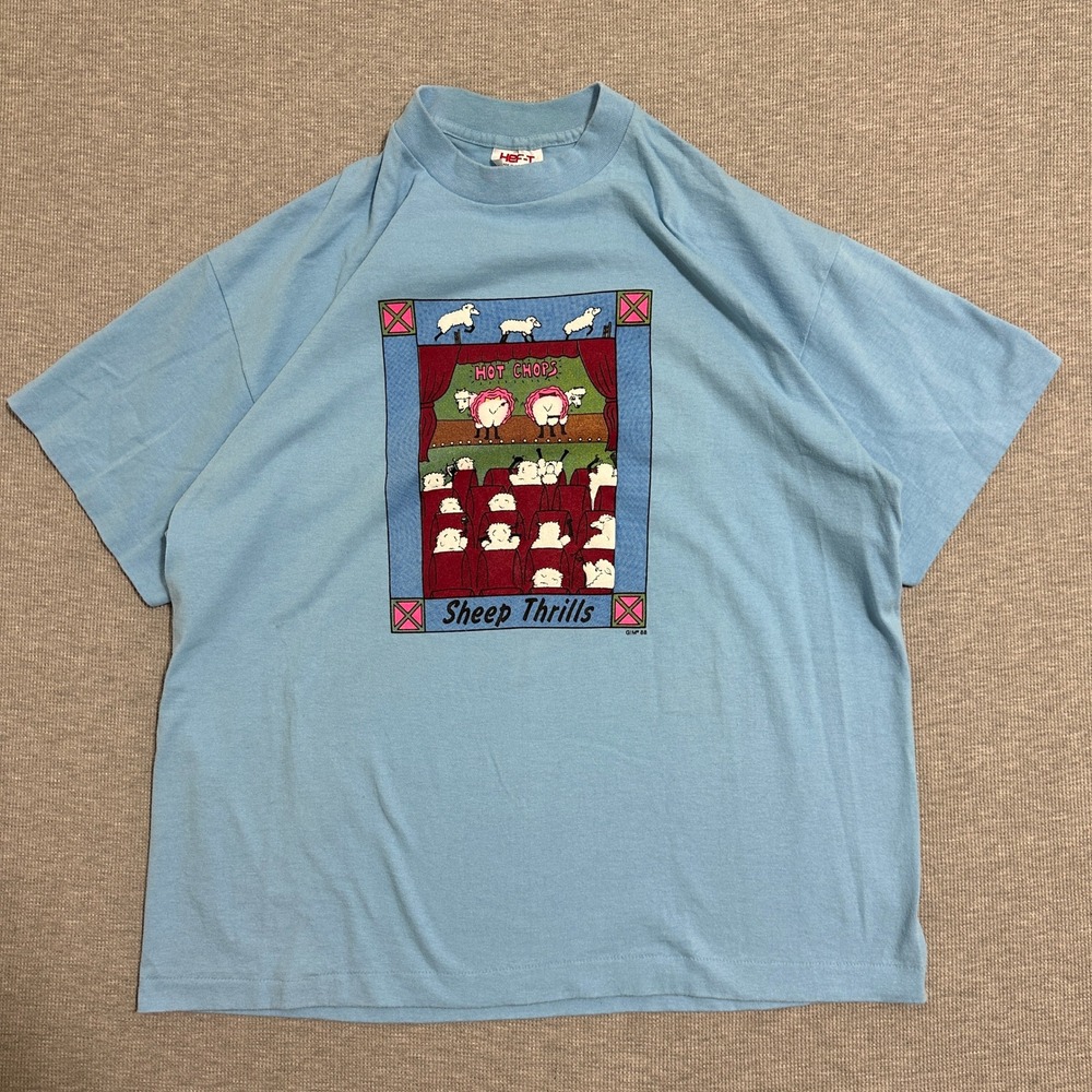 Vintage 1988 Tee Jays Hef-T Sheep Thrills Graphic T-Shirt Blue Size XL‎